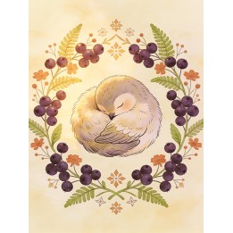 Ilustracja ze śpiącym ptaszkiem w botanicznym wianku