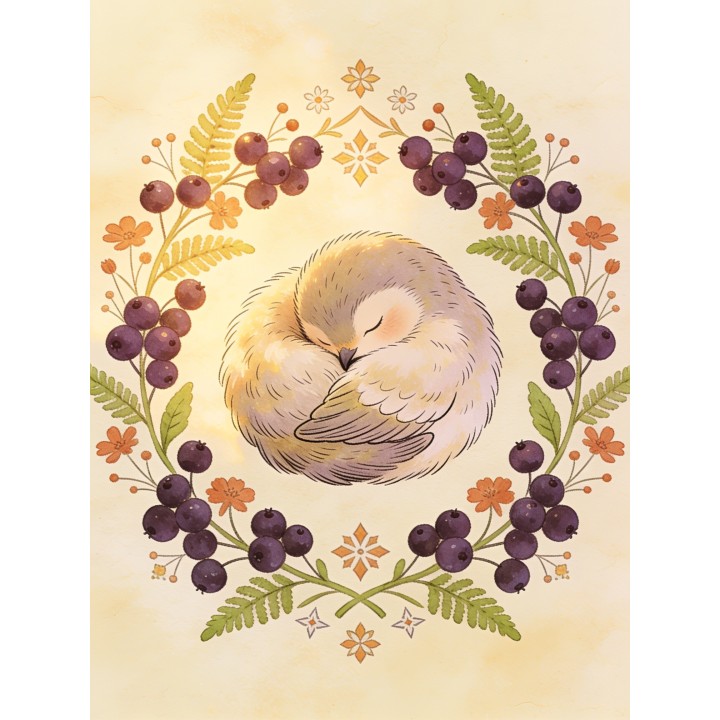 Ilustracja ze śpiącym ptaszkiem w botanicznym wianku