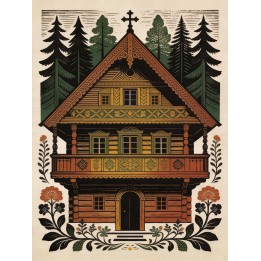 Drewniana architektura ludowa plakat linoryt