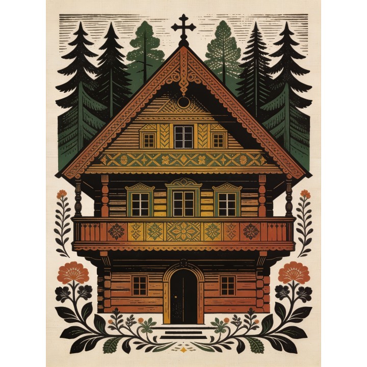 Drewniana architektura ludowa plakat linoryt